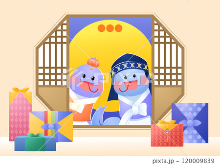 A scene where a snake character wearing a hanbok appears outside the window. 120009839