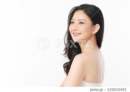 Beautiful young asian woman with clean fresh skin on white background, Face care, Facial treatment, Cosmetology, beauty and spa, Asian women portrait. 120010481