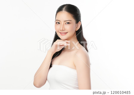 Beautiful young asian woman with clean fresh skin on white background, Face care, Facial treatment, Cosmetology, beauty and spa, Asian women portrait. 120010485