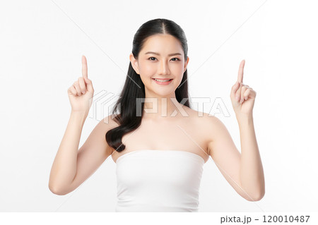 Beautiful young asian woman with clean fresh skin on white background, Face care, Facial treatment, Cosmetology, beauty and spa, Asian women portrait. Beautiful young asian woman with clean fresh skin on white background, Face care, Facial treatment, Cosmetology, beauty and spa, Asian women portrait. 120010487