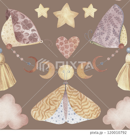 Boho Butterfly seamless pattern with clouds and stars on the light brown background. Hand drawn watercolor charming celestial illustration in soft pastel colors for baby nursery decor designs. Boho Butterfly seamless pattern with clouds and stars on the light brown background. Hand drawn watercolor charming celestial illustration in soft pastel colors for baby nursery decor designs. 120010792