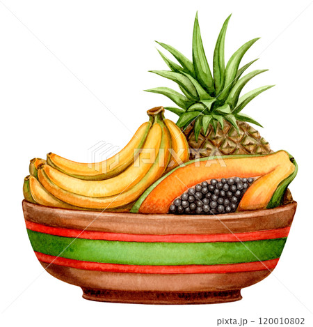Fresh fruit plate of banana and pineapple colorful watercolor illustration for harvest holiday. Hand drawn tropical arrangement of Kwanzaa symbol. Isolated drawing for African festive designs. 120010802