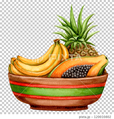 Fresh fruit plate of banana and pineapple colorful watercolor illustration for harvest holiday. Hand drawn tropical arrangement of Kwanzaa symbol. Isolated drawing for African festive designs. 120010802