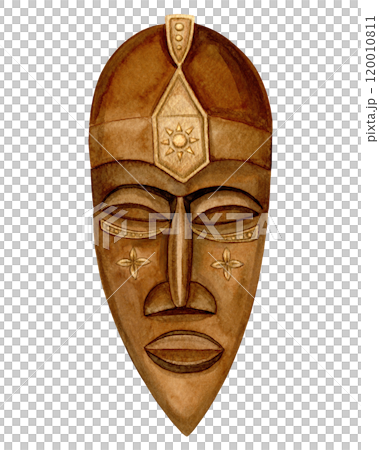 African wooden mask of male face with gold tribal ornament. Hand drawn watercolor Kwanzaa holiday illustration of traditional handcraft. Isolated drawing for African-American cultural festive designs. 120010811