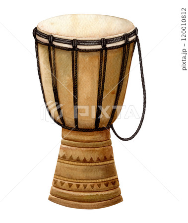 African drum wooden brown with gold tribal ornament. Hand drawn watercolor Kwanzaa holiday illustration of traditional djembe. Isolated drawing for African-American cultural festive designs. 120010812