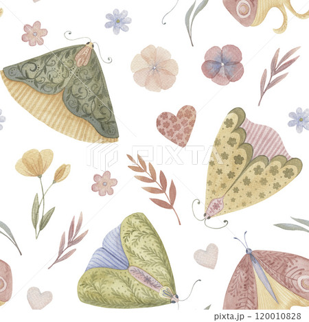 Boho Butterfly seamless pattern with flower and heart on the white background. Hand drawn watercolor charming aesthetic illustration in soft pastel colors for baby nursery decor designs. 120010828