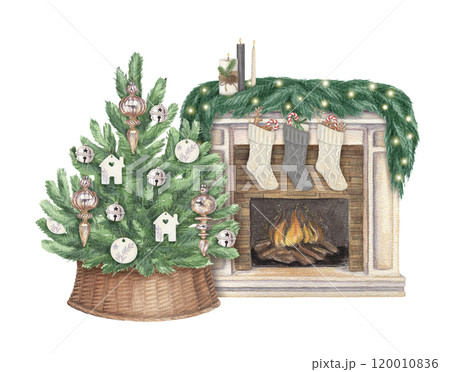 Cozy Christmas scene of fireplace and decorated Christmas tree. Hand drawn watercolor winter illustration of home decor. Seasonal isolated drawing for tradition graphic and card designs. Cozy Christmas scene of fireplace and decorated Christmas tree. Hand drawn watercolor winter illustration of home decor. Seasonal isolated drawing for tradition graphic and card designs. 120010836