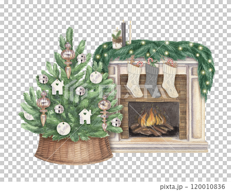 Cozy Christmas scene of fireplace and decorated Christmas tree. Hand drawn watercolor winter illustration of home decor. Seasonal isolated drawing for tradition graphic and card designs. Cozy Christmas scene of fireplace and decorated Christmas tree. Hand drawn watercolor winter illustration of home decor. Seasonal isolated drawing for tradition graphic and card designs. 120010836
