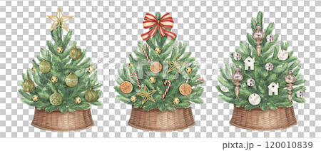 Decorated Christmas tree set in wicker basket in rustic style. Hand drawn watercolor winter holiday illustration. Isolated drawing for Xmas graphic and tradition greeting card designs. Decorated Christmas tree set in wicker basket in rustic style. Hand drawn watercolor winter holiday illustration. Isolated drawing for Xmas graphic and tradition greeting card designs. 120010839