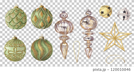 Christmas tree ornament and glass ball set. Hand drawn watercolor winter illustration of star bauble and bell. Seasonal isolated drawing for traditional Xmas graphic and greeting card designs. Christmas tree ornament and glass ball set. Hand drawn watercolor winter illustration of star bauble and bell. Seasonal isolated drawing for traditional Xmas graphic and greeting card designs. 120010846