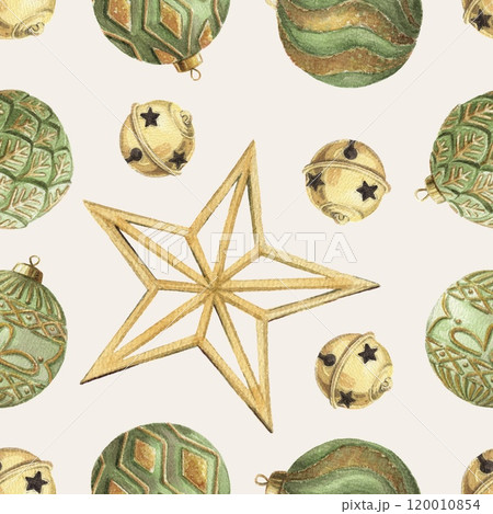 Christmas seamless pattern with green and gold glass ball and star on a light background. Hand drawn watercolor winter holiday illustration. Isolated drawing for Xmas tradition card designs. 120010854