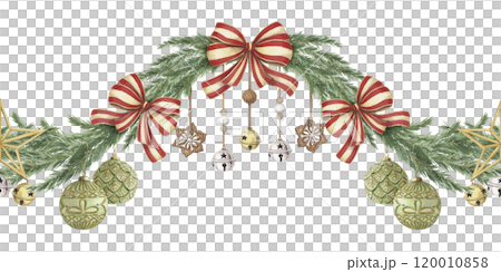 Christmas curve seamless border of pine branch with glass ball and sparkling ornaments. Hand drawn watercolor winter holiday illustration. Isolated drawing for Xmas tradition card designs. 120010858