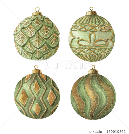 Green and gold glass ball set. Hand drawn watercolor winter illustration of Christmas tree bauble ornaments. Seasonal isolated drawing for traditional Xmas graphic and greeting card designs. Green and gold glass ball set. Hand drawn watercolor winter illustration of Christmas tree bauble ornaments. Seasonal isolated drawing for traditional Xmas graphic and greeting card designs. 120010861