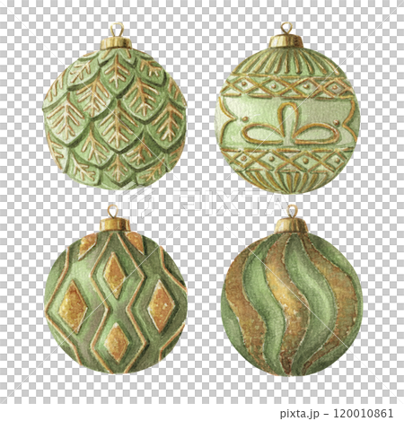 Green and gold glass ball set. Hand drawn watercolor winter illustration of Christmas tree bauble ornaments. Seasonal isolated drawing for traditional Xmas graphic and greeting card designs. Green and gold glass ball set. Hand drawn watercolor winter illustration of Christmas tree bauble ornaments. Seasonal isolated drawing for traditional Xmas graphic and greeting card designs. 120010861