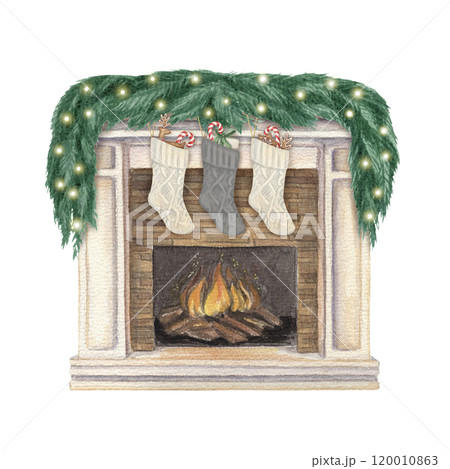 Fireplace decorated with garland and socks for Christmas holiday. Hand drawn watercolor winter illustration of interior decor. Isolated drawing for Xmas graphic and tradition card designs. 120010863