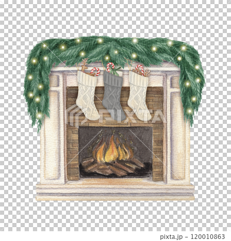 Fireplace decorated with garland and socks for Christmas holiday. Hand drawn watercolor winter illustration of interior decor. Isolated drawing for Xmas graphic and tradition card designs. 120010863