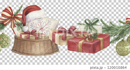 Christmas seamless border of wicker basket with wrapped gifts and glass ornaments. Hand drawn watercolor winter holiday illustration. Isolated drawing for Xmas tradition card designs. Christmas seamless border of wicker basket with wrapped gifts and glass ornaments. Hand drawn watercolor winter holiday illustration. Isolated drawing for Xmas tradition card designs. 120010864