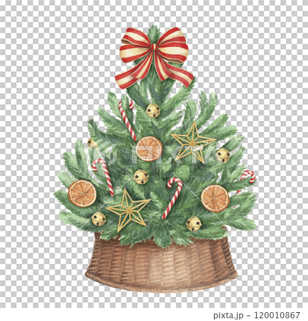 Decorated Christmas tree in wicker basket in rustic style. Hand drawn watercolor winter holiday illustration. Isolated drawing for Xmas graphic and tradition festive decoration card designs. Decorated Christmas tree in wicker basket in rustic style. Hand drawn watercolor winter holiday illustration. Isolated drawing for Xmas graphic and tradition festive decoration card designs. 120010867