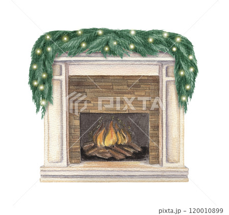 Fireplace decorated with garland for Christmas holiday. Hand drawn watercolor winter illustration of interior furnishing. Isolated drawing for Xmas graphic and tradition festive card designs. 120010899