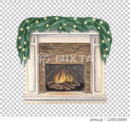 Fireplace decorated with garland for Christmas holiday. Hand drawn watercolor winter illustration of interior furnishing. Isolated drawing for Xmas graphic and tradition festive card designs. 120010899