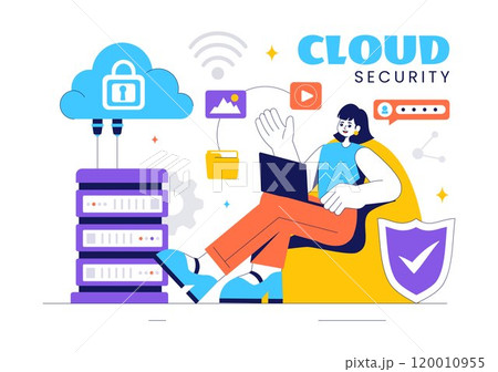 Digital Cloud Security Vector Illustration of Safety and Data Protection for Network, Internet, Hosting, and Backup Servers in a Technological 120010955