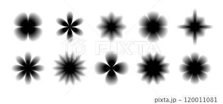 Black smooth blurred gradient form set. Grunge blurry aura shape collection. Fading abstract elements for poster, template, badge, sticker, collage. Defocused flowers, sparkles and stars pack. Vector 120011081