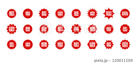Starburst price. Set of circles with sharp and waves edge. Simple flat style Vector labels. Red Sale and discount stickers Starburst price. Set of circles with sharp and waves edge. Simple flat style Vector labels. Red Sale and discount stickers 120011109