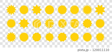 Set of yellow starburst price. Sunburst badges. Star sticker vector on transparent background. Simple labels in flat style Set of yellow starburst price. Sunburst badges. Star sticker vector on transparent background. Simple labels in flat style 120011110