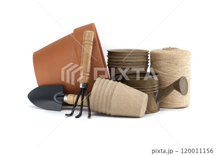Collection of gardening tools and supplies including pots, trowel, cultivator watering can and twine 120011156