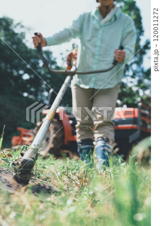 畑周りの雑草を刈払機で刈る女性 120011272