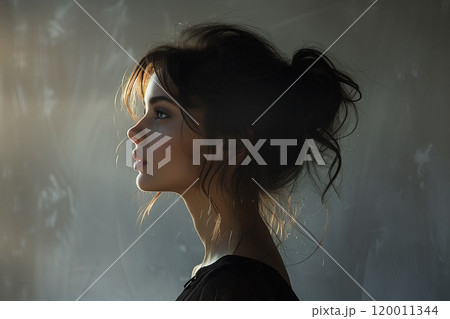 印象的な女性の横顔、黒背景 120011344