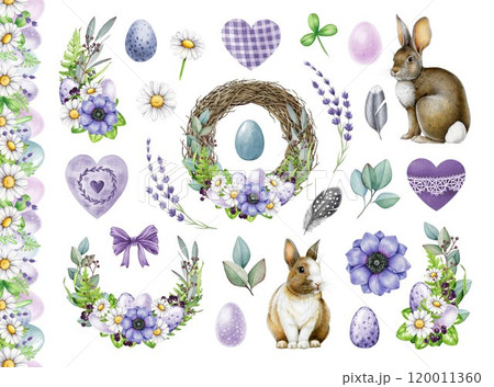 Easter festive traditional flower decor element set. Watercolor vintage style illustration. Hand drawn bunny, painted eggs, spring garden flowers, seamless border elements. Easter decoration set 120011360