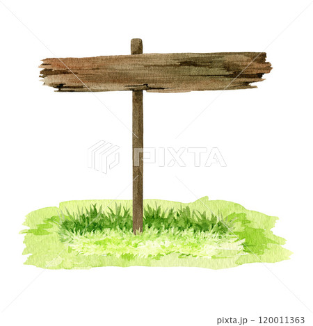 Wooden sign on green grassy ground. Vintage style watercolor illustration. Empty sign countryside landscape element on white background Wooden sign on green grassy ground. Vintage style watercolor illustration. Empty sign countryside landscape element on white background 120011363