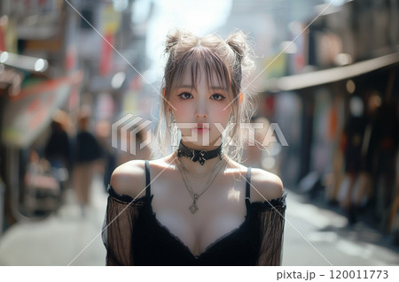 金髪のお団子ヘアーがおしゃれなセクシーな女性	 120011773