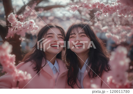 一面桜が咲く場所で満面の笑みを浮かべる仲良し二人組女子 一面桜が咲く場所で満面の笑みを浮かべる仲良し二人組女子 120011780