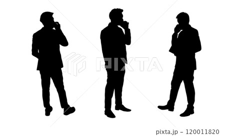 Three silhouettes of businessmen stand in a row, each engrossed in a phone conversation concept of mobile technology in contemporary business, highlighting how smartphones have become essential tools 120011820
