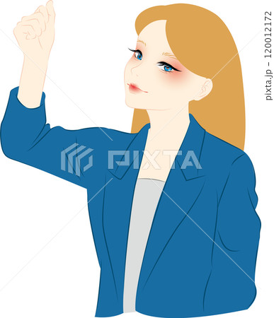 紺色のスーツを着た金髪女性が握りこぶしを上げている 120012172