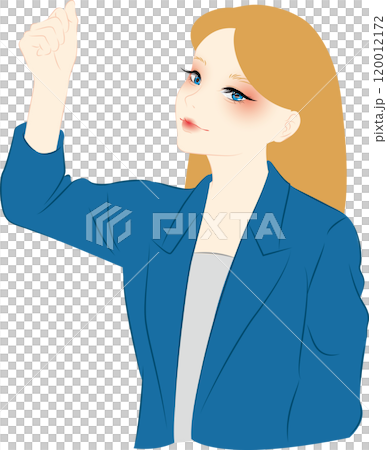 紺色のスーツを着た金髪女性が握りこぶしを上げている 120012172