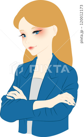 紺色のスーツを着た金髪女性が腕を組んでいる 120012173