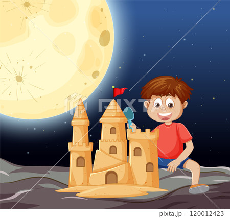 Child Building Sandcastle Under Moonlight Child Building Sandcastle Under Moonlight 120012423