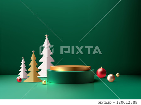 Christmas 3D Gold and Green Podium with Stylized Trees on Green Background with Ornaments and Elegant Decoration Scene, Festive Holiday Product Display Mockup 120012589