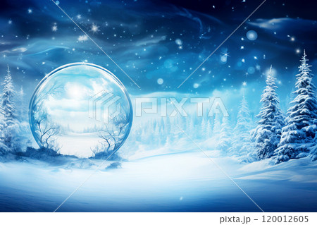 An abstract winter scene featuring a glass globe with snow inside, a blue Christmas ball resting beside it. The background is soft and blurred 120012605