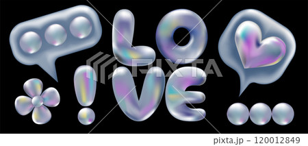 3d holographic retro 90 Sticker set. Chrome Daisy, Love, Ellipsis, Like, Exclamation mark in Y2K style isolated on black. Future galaxy aesthetic, 3D chrome bubble art. Metal glossy shapes set. 120012849
