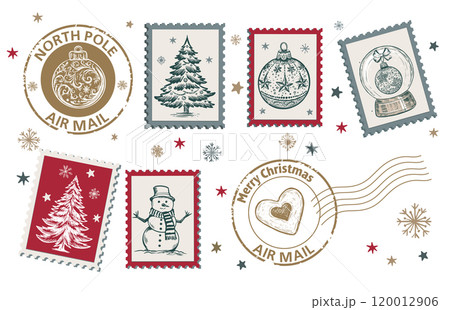 Advent calendar, Christmas Stamps, mail, postcard hand drawn illustrations.	 120012906
