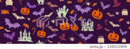 Halloween symbols, pumpkin, bat, candy, pattern, hand drawn illustrations	 120012909