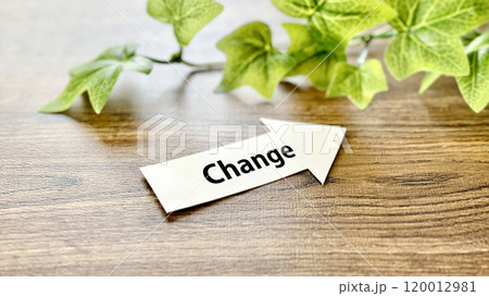 右上向きの矢印にChange文字とツタ_茶色板背景 120012981