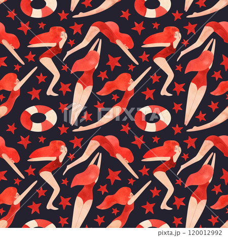 Seamless pattern with floating women in vintage style. Swimming. Seamless pattern with floating women in vintage style. Swimming. 120012992