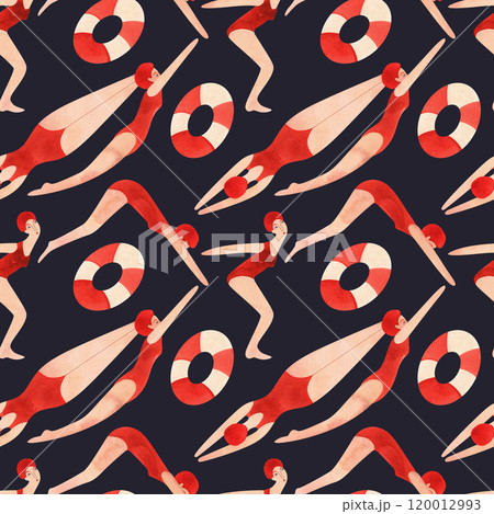 An athlete, a woman in a red swimsuit and a red cap is swimming. Seamless watercolor pattern, hand drawn. Black background 120012993