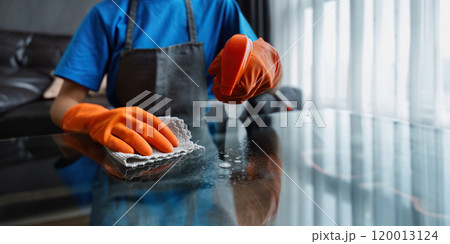 Housekeeping woman wiping the table in the living room House cleaning service concept 120013124
