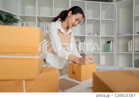 Young business woman entrepreneur online shipment business is preparing packages to send to customer. e-commerce concept 120013167